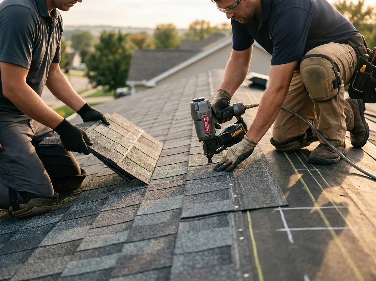 Professional roofer working on a residential roof in Del Rio